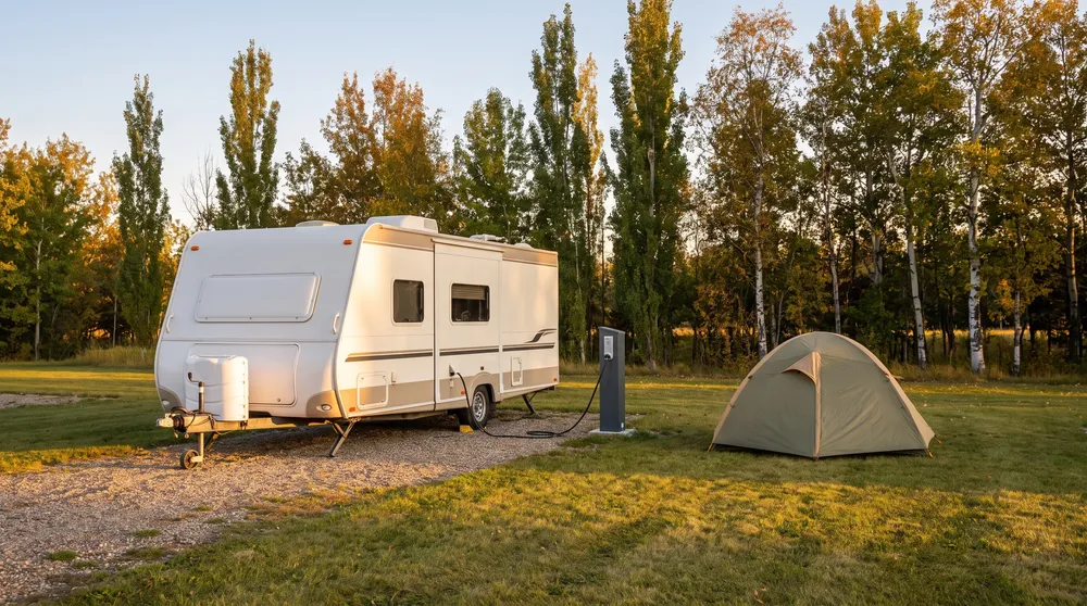 Illustration: a travel trailer plugged into an electrical post at the edge of a grassy lot, with a small olive tent pitched nearby.